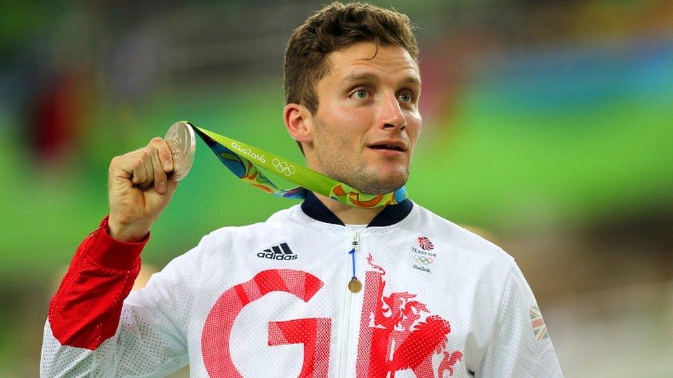 Callum Skinner celebrates his silver medal in the men's individual sprint