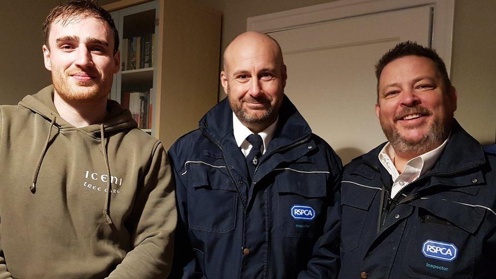 Seth Masters and the RSPCA's John Woods and Justin Stubbs (pictured left to right) were pleased to be able to reunite Princess with her owner