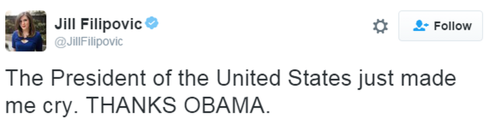 A tweet reads: "The President of the United States just made me cry. THANKS OBAMA"