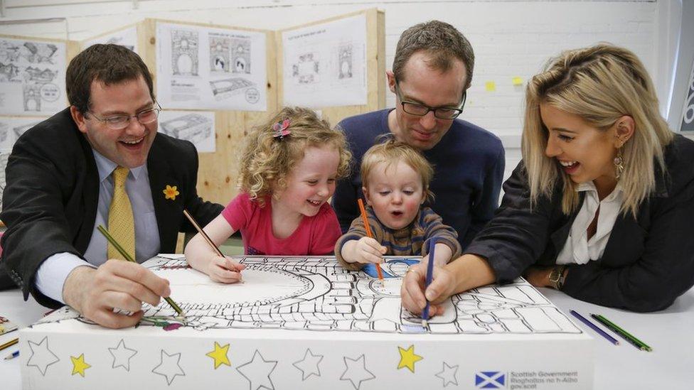 Children draw on baby box