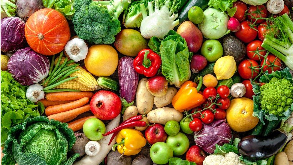 Display of fruit and vegetables