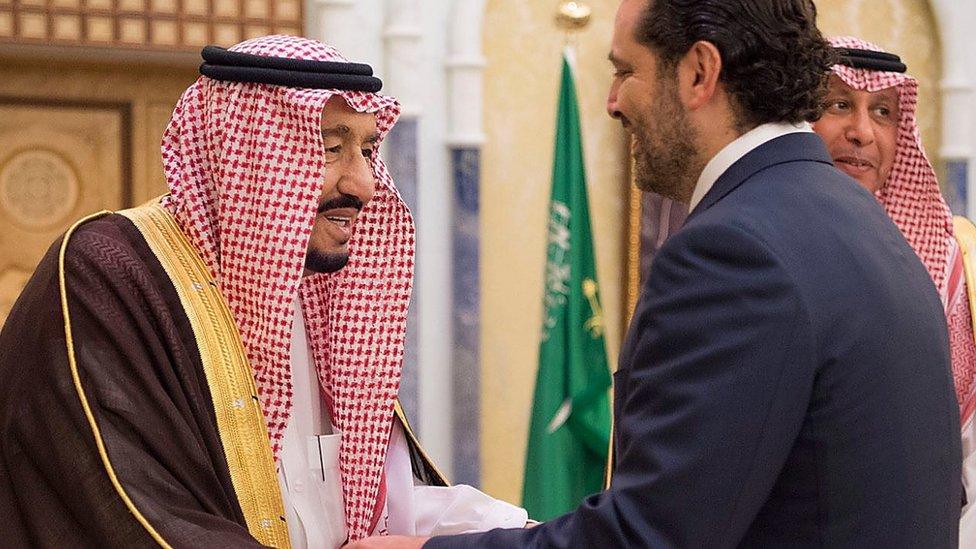 Saudi Arabia's King Salman (L) meets former Lebanese Prime Minister Saad Hariri (R) in Riyadh on 6 November 2017