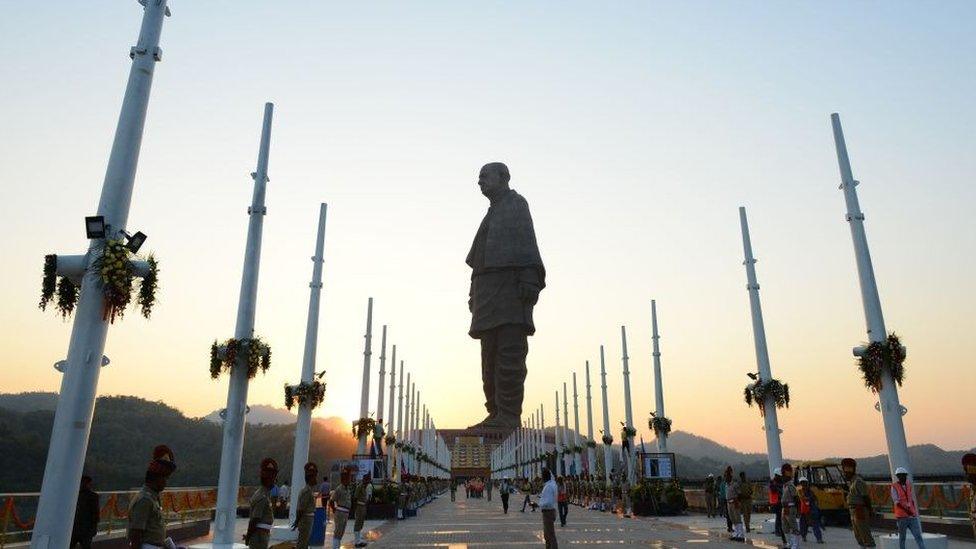 Indian policemen stand guard near the 'Statue Of Unity', the world's tallest statue dedicated to Indian independence leader Sardar Vallabhbhai Patel.