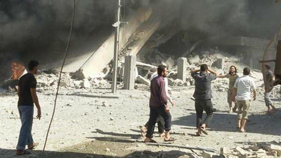 The aftermath of what activists say was an air strike in Talbiseh, Syria. Photo: 30 September 2015