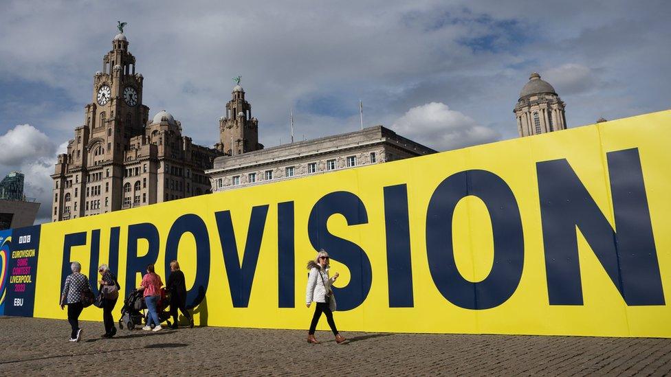 Giant Eurovision sign in front of Liverpool's Liver building