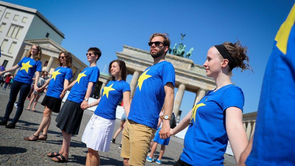 Jusos, youth organization of Germany's Social Democratic Party (SPD), and the Gruene Jugend (Green Youth), gather for "Europe has a future" rally post-Brexit