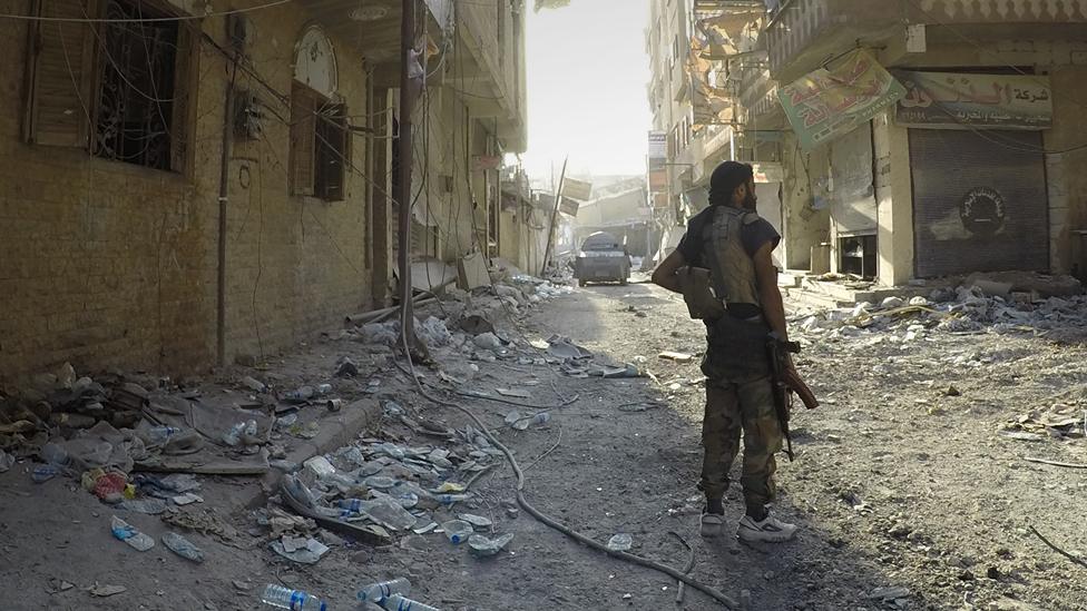 Destroyed street in Raqqa, Syria - September 2017