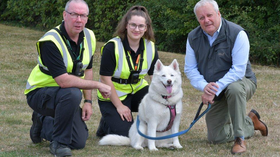 Council employees with Snowball the husky