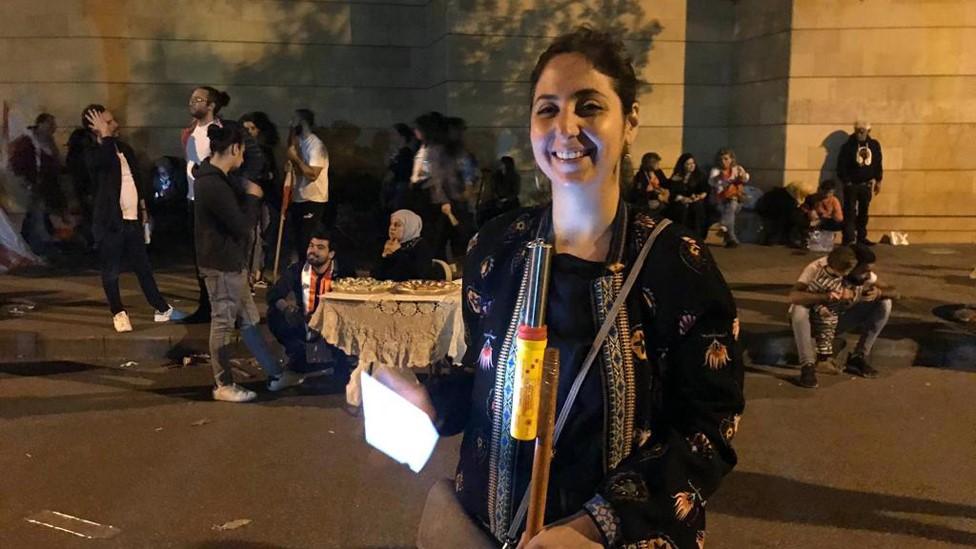 Lara Kais at a protest camp outside the headquarters of EDL in Beirut, Lebanon