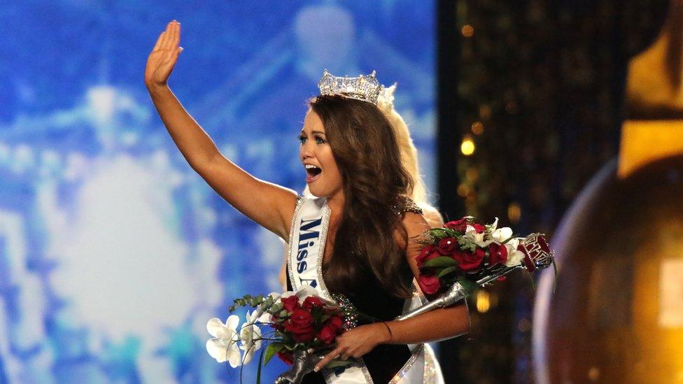 Newly crowned Miss America 2018 (Miss North Dakota 2017) Cara Mund celebrates during the 2018 Miss America Competition Show