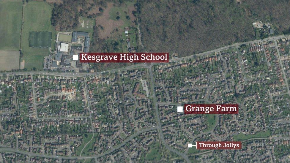 Map showing locations of Grange Farm and Kesgrave High School