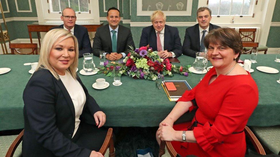 NI leaders Arlene Foster and Michelle O'Neill sit around the table with Simon Coveney, then Irish PM Leo Varadkar, UK Prime Minister Boris Johnson, and then NI Secretary Secretary Julian Smith in January 2020