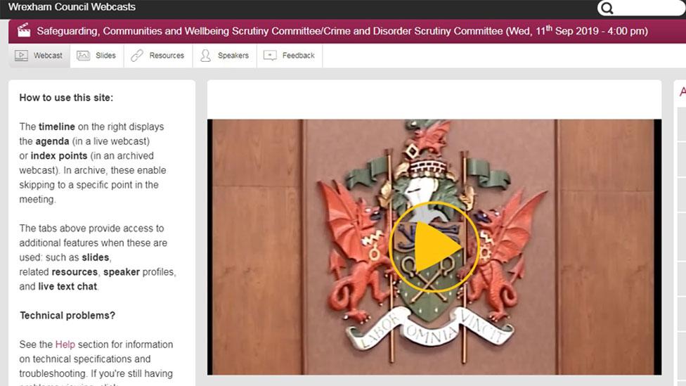 Screengrab showing a webcast page on Wrexham council's website