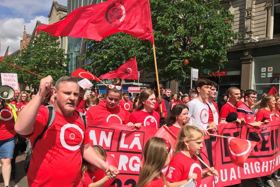 Marchers filled Donegall Place in front of Belfast City Hall