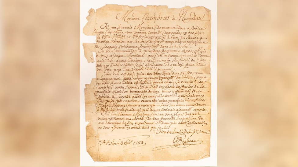 A photograph of a letter written by Jean-Jacques Rousseau