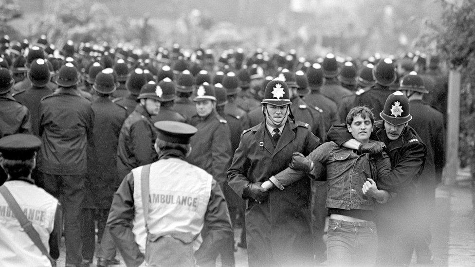 A sea of police helmets faced the pickets outside the Orgreave coking plant