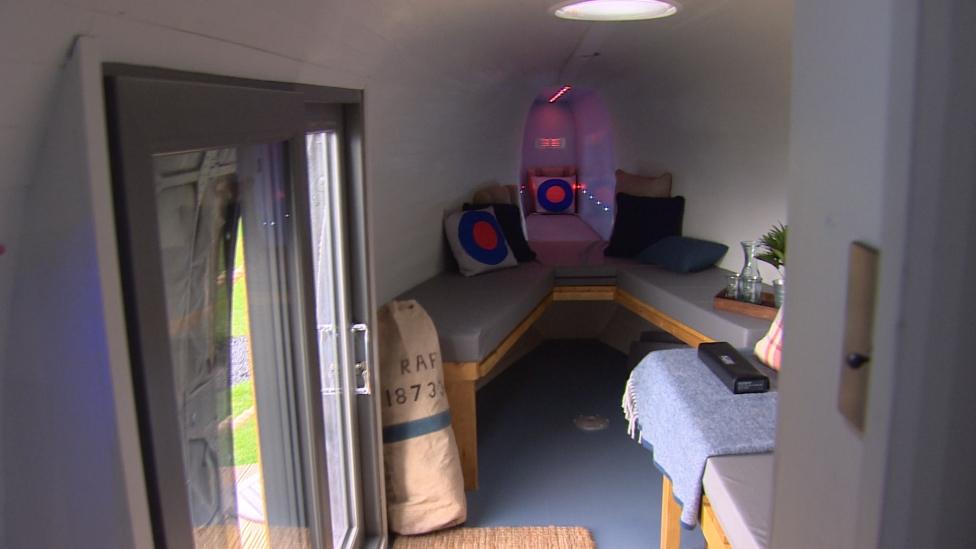 Seating and a bed inside the helicopter