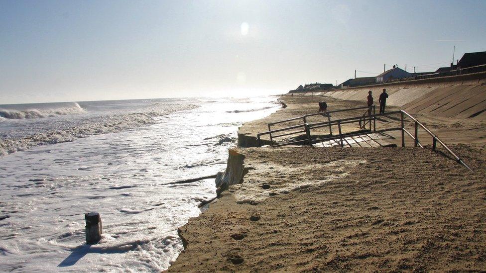 Section of Norfolk coast near Bacton Refinery after much of the sandscaping has been washed away.