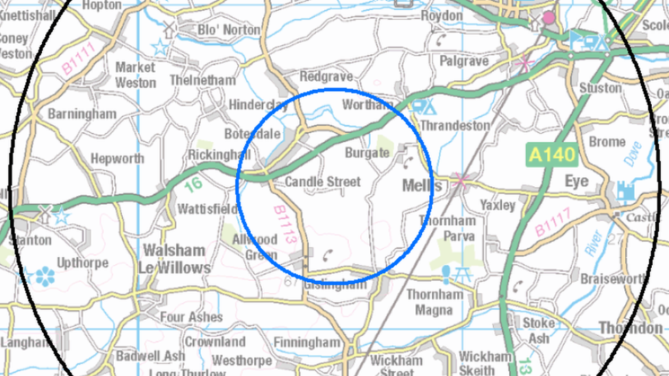 Defra released this map showing the protection zone (black circle) and area of outbreak (blue inner circle).