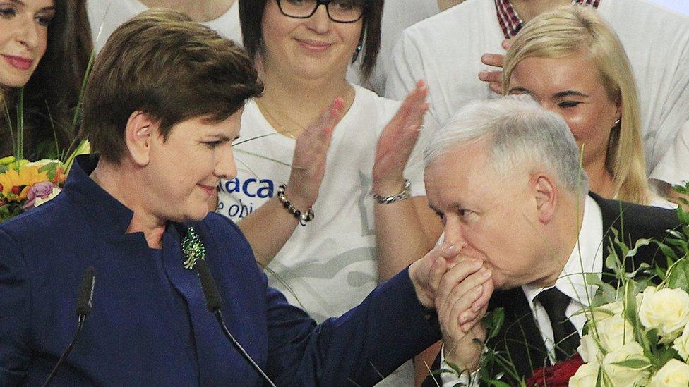 Beata Szydlo, candidate for prime minister of Law and Justice, is congratulated by party colleagues, 26 Oct 15