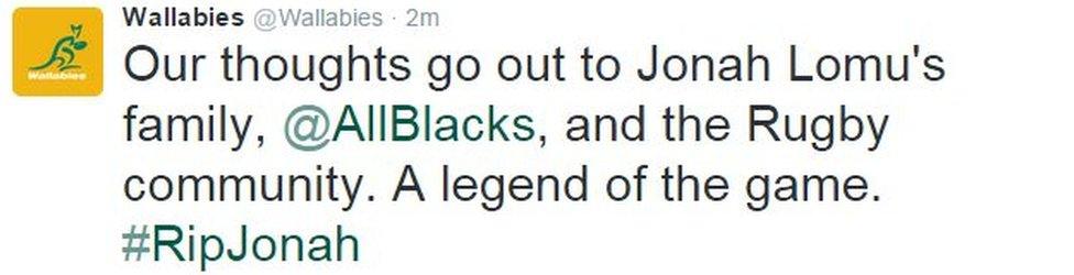 Our thoughts go out to Jonah Lomu's family, @AllBlacks, and the Rugby community. A legend of the game. #RipJonah