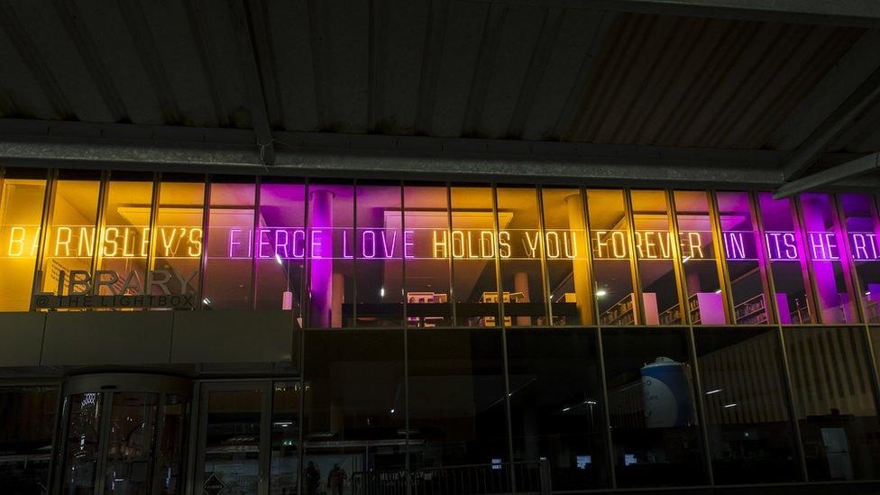 Ian McMillan's neon Covid-19 memorial words, Barnsley library