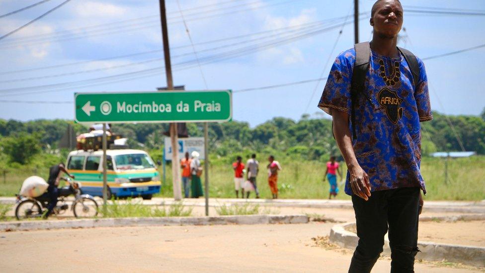 A road sign pointing to Mocimboa da Praia in northern Mozambique