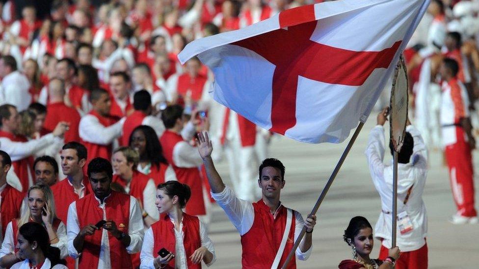 England athletes led by flagbearer Nathan Robertson take part in the opening ceremony of the XIX Commonwealth Games in New Delhi on October 3, 2010