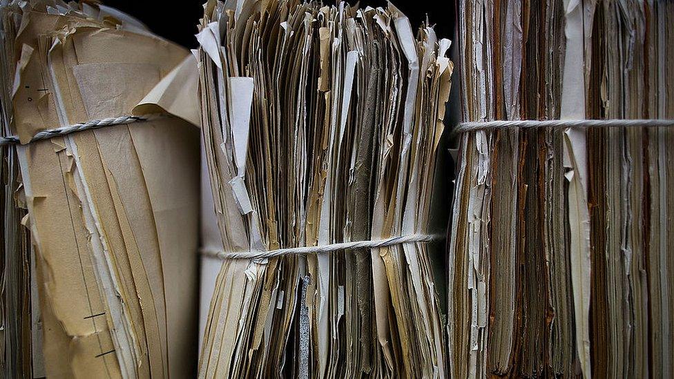 Shelves in the archives of the former East German secret police, known as the Stasi on September 17, 2014 in Berlin, Germany