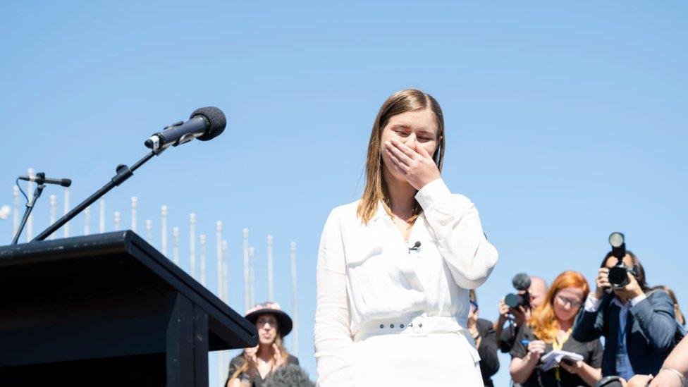 Brittany Higgins speaking at a rally in Canberra