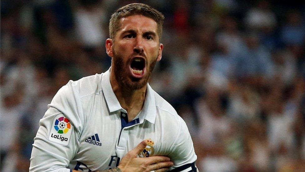 Real Madrid captain Sergio Ramos celebrates scoring against Barcelona