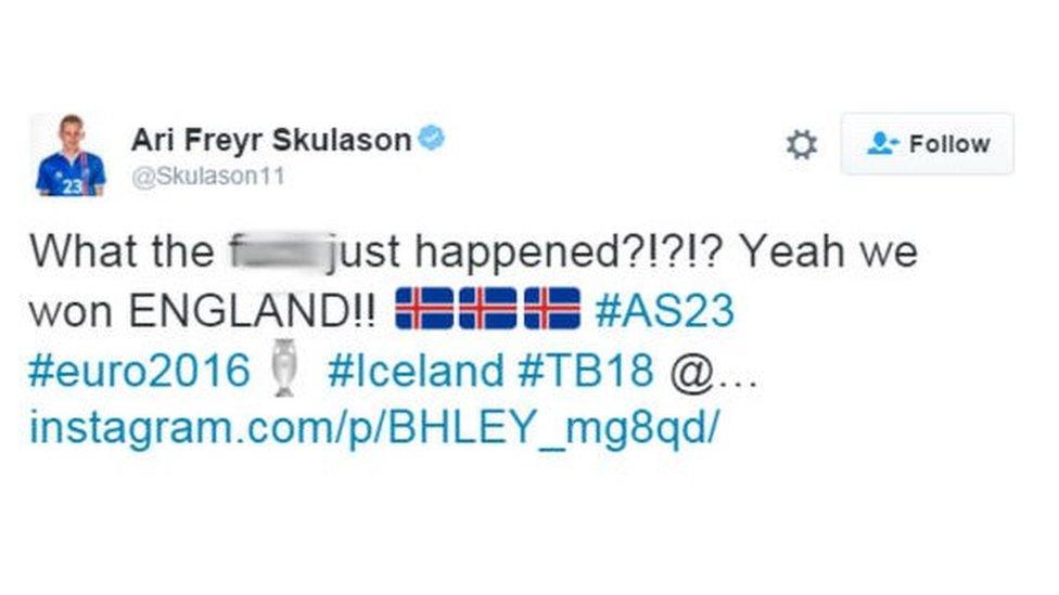 Skulason tweet saying "What the F*** just happened? Yeah we won England!