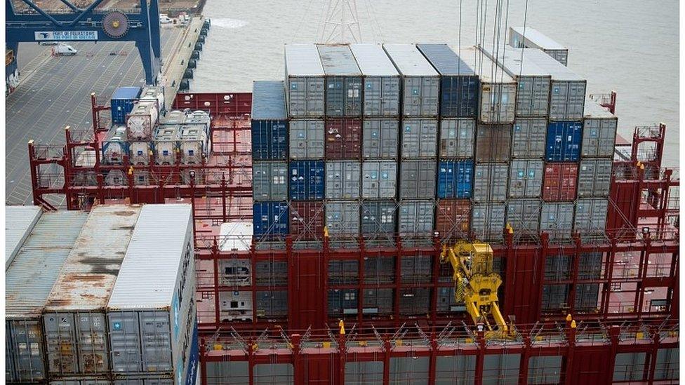 Container ship at Felixstowe port in Essex