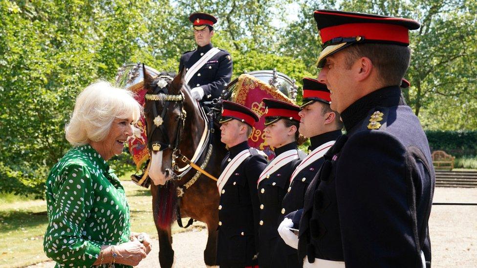 Queen Camilla with soldiers and Juno in the background