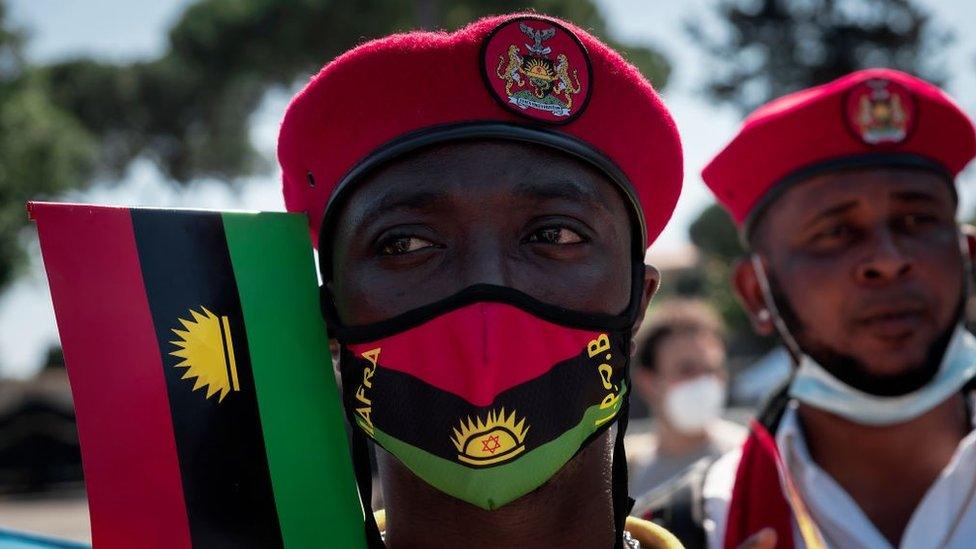 Movement for the Indigenous People of Biafra, Ipob take part in a demonstration at Piazza San Giovanni calling independence from Nigeria and support the struggle of the Yoruba people and the establishment of the Republic of Oduduwa on June 12, 2021 in Rome, Italy