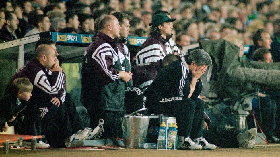 Newcastle manager, Kevin Keegan, holding his head in his hands as Newcastle's chances of winning the 1995/1996 Premier League title slip.