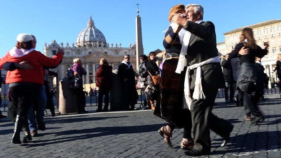 People dance tango in St. Peter's Square in honour of Pope Francis' 78th birthday during the weekly audience on December 17, 2014 in Vatican City, Vatican.