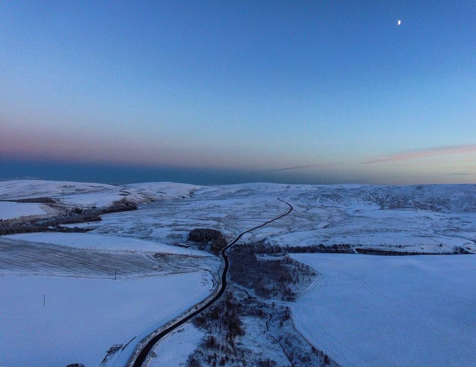 picture of the the Boxing Day snow during my walk within the Lammermuir Hills, showing the road to Duns and the whiteadder Reservoir.