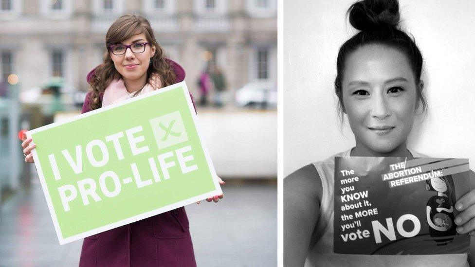 Both women pose with no signs in side-to-side collaged photographs