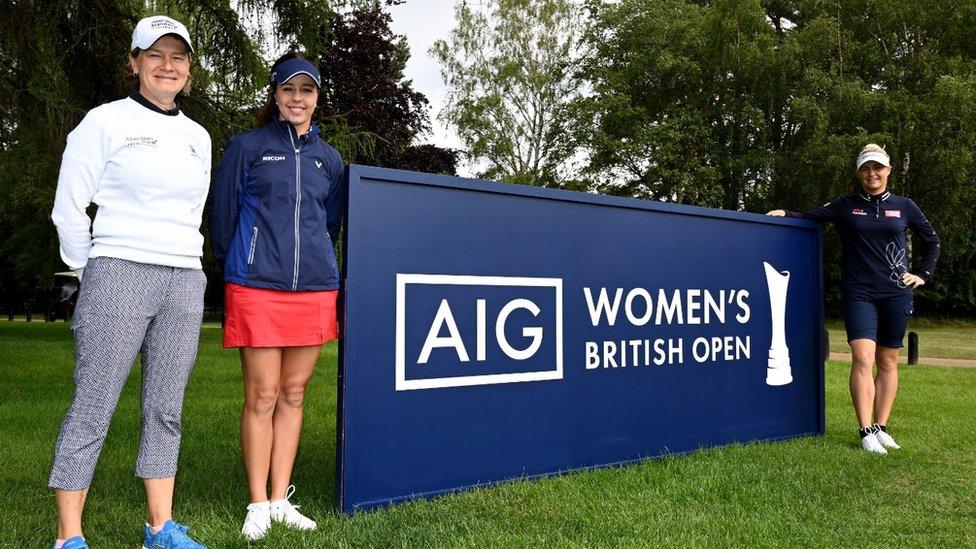 Catriona Matthew of Scotland, Georgia Hall of England and Charley Hull of England promote the Women's British Open