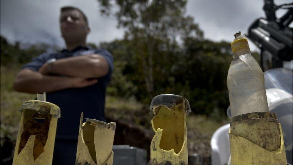 View of dismantled improvised landmines in La Honda, Carmen de Viboral municipality, Antioquia department, Colombia, on 28 August, 2015