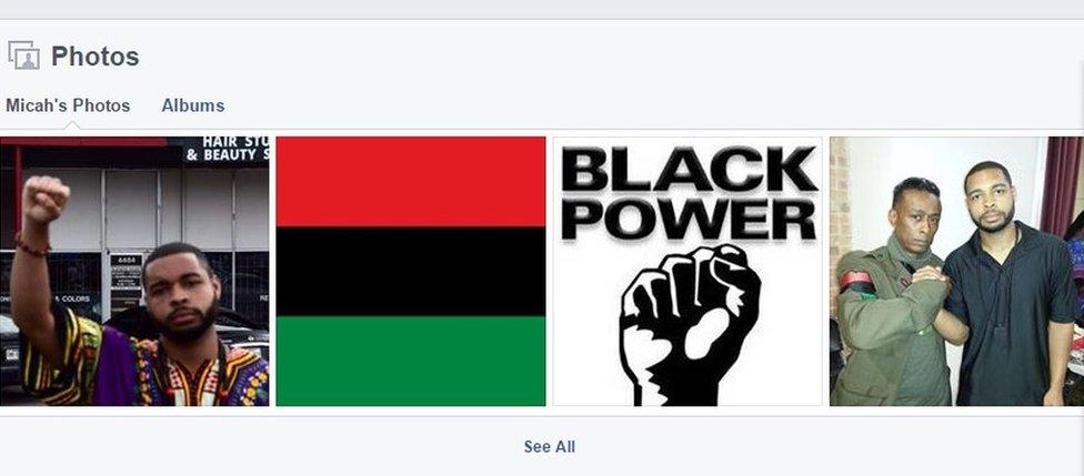 Images from Micah Johnson's Facebook, showing him saluting, an-African or Black Liberation flag and a photograph of him with Professor Griff, a former member of the US rap group Public Enemy