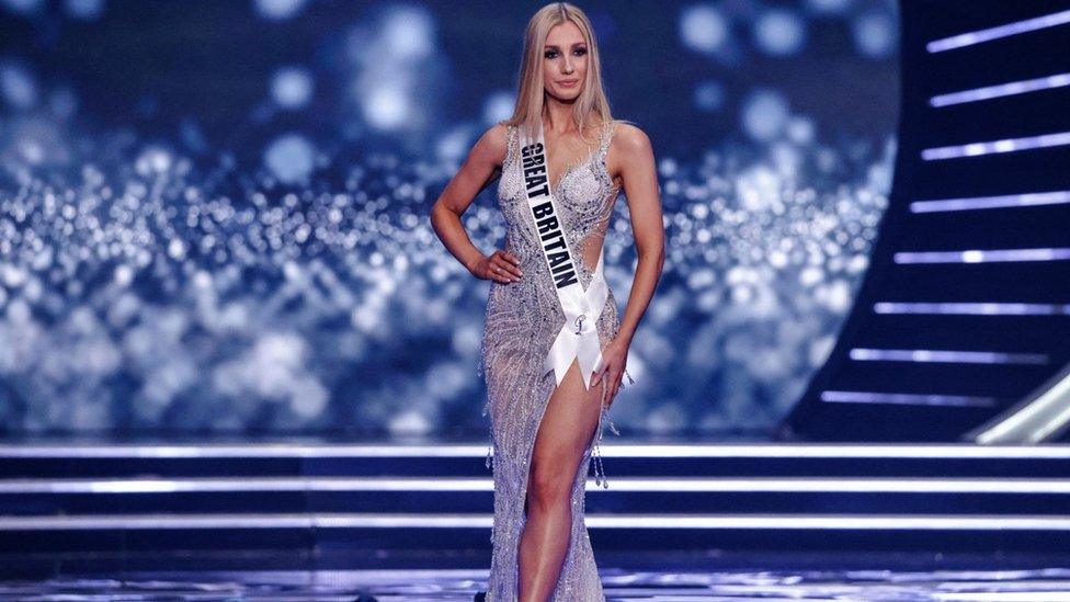 Miss Great Britain, Emma Collingridge on stage during the preliminary stage of the 70th Miss Universe pageant in Israel.