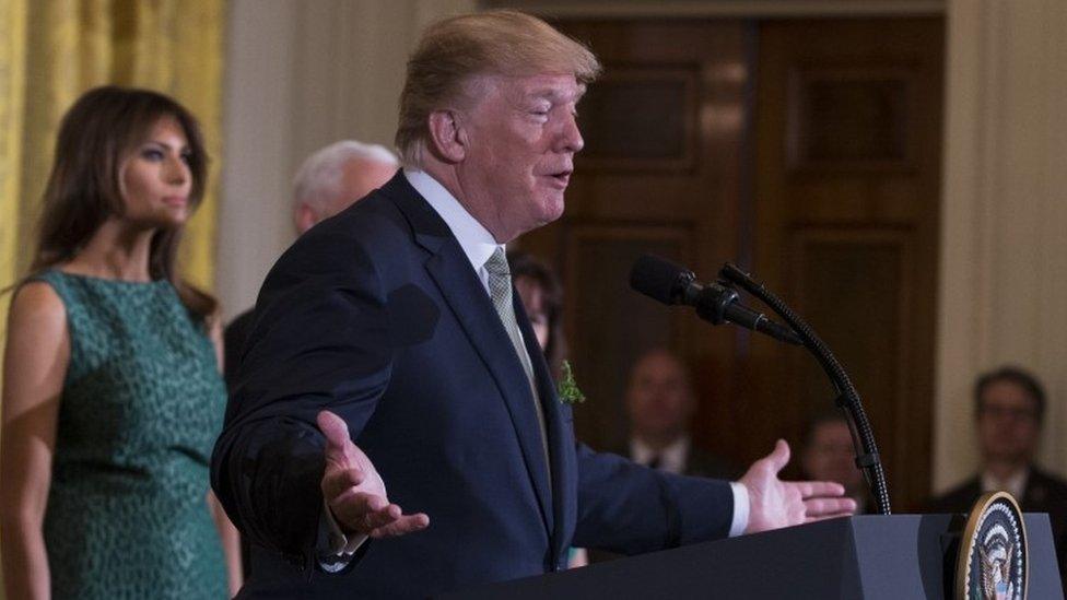 President Donald Trump speaks during the Shamrock Bowl Presentation at the White House on March 15, 2018