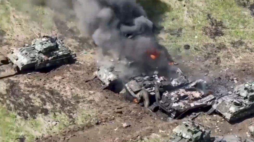 Photo by Russia's defence ministry claiming to show destroyed western-supplied Ukrainian armoury in the southern Zaporizhzhia region. Photo: 10 June 2023