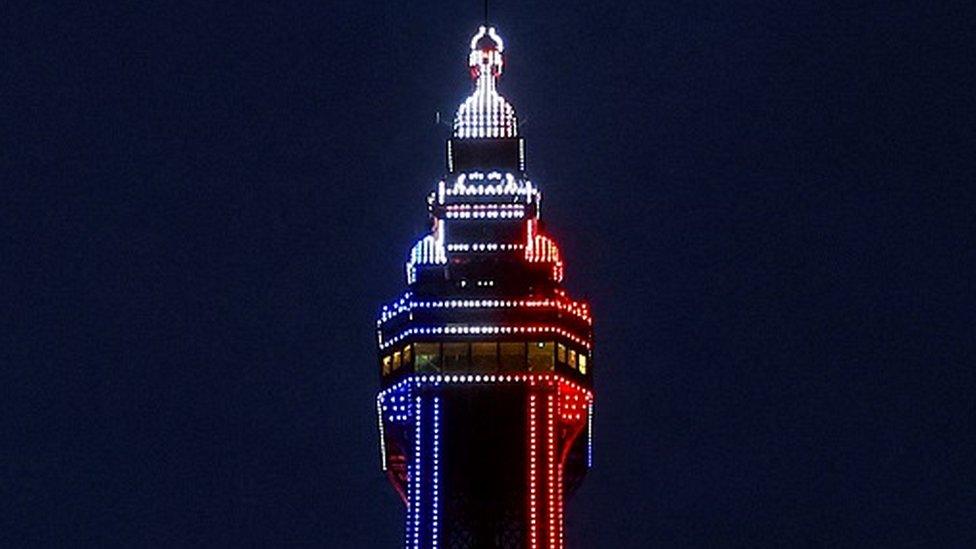 top of Blackpool Tower lit up at night