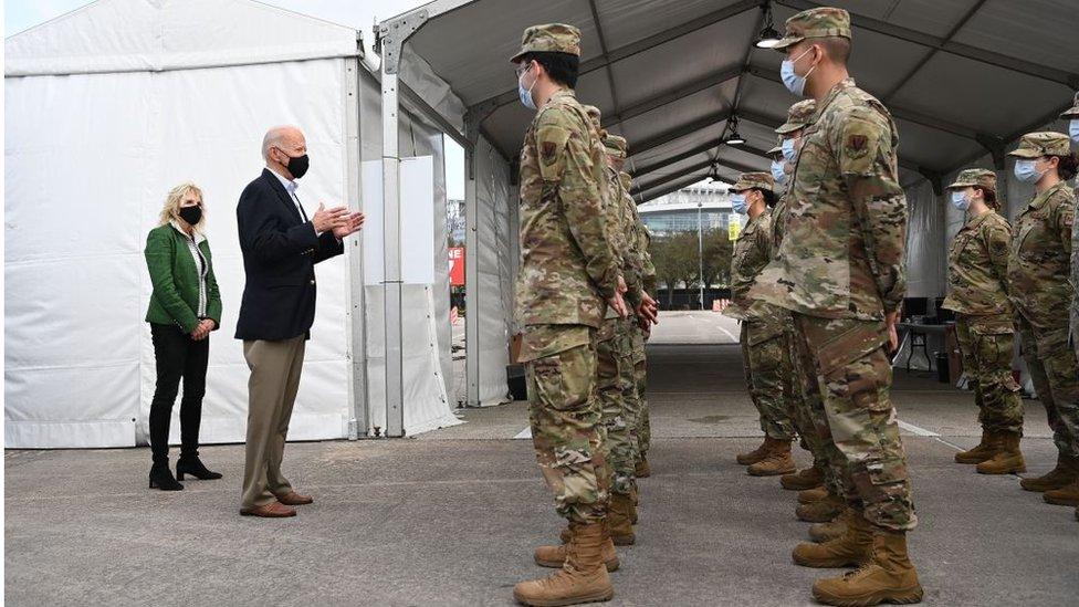 Mr Biden addressed troops at the NRG Stadium in Houston