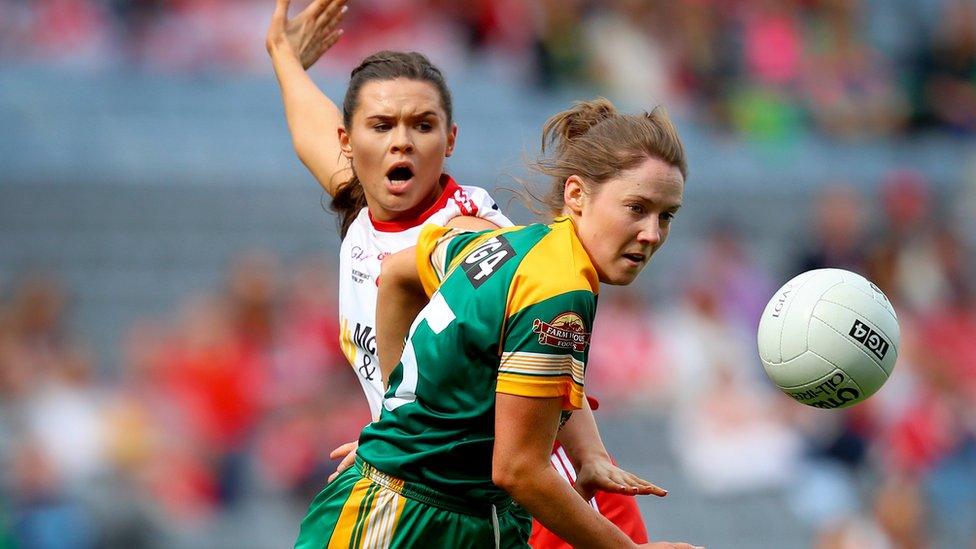 Tyrone defender Caolieann Conway in action against Fiona O'Neill of Meath