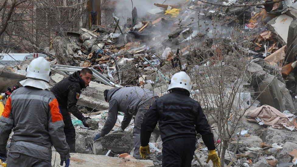 Site of a damaged residential building after an overnight attack in Odesa, 2 March 2024