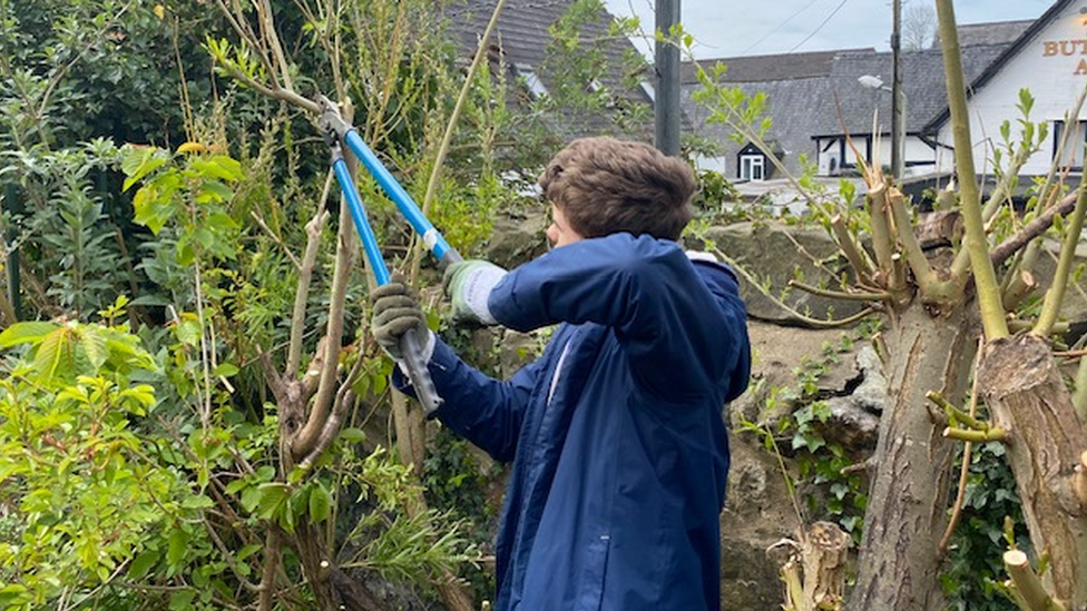 Boy cutting branches